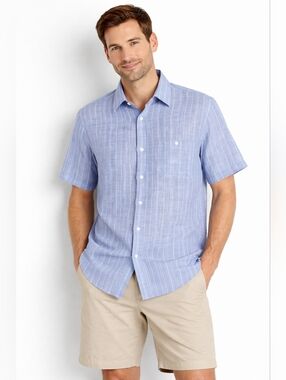 Mirto Men's Short Sleeve Collared Button Down Shirt Linen Blend Spain Stripe XL